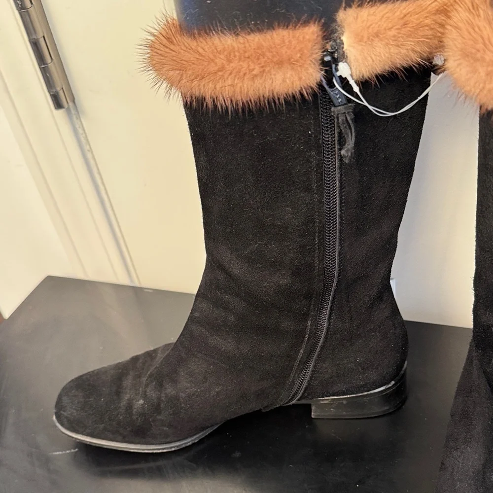Salvatore Ferragamo Black Suede Boots with Real Mink Fur Trim